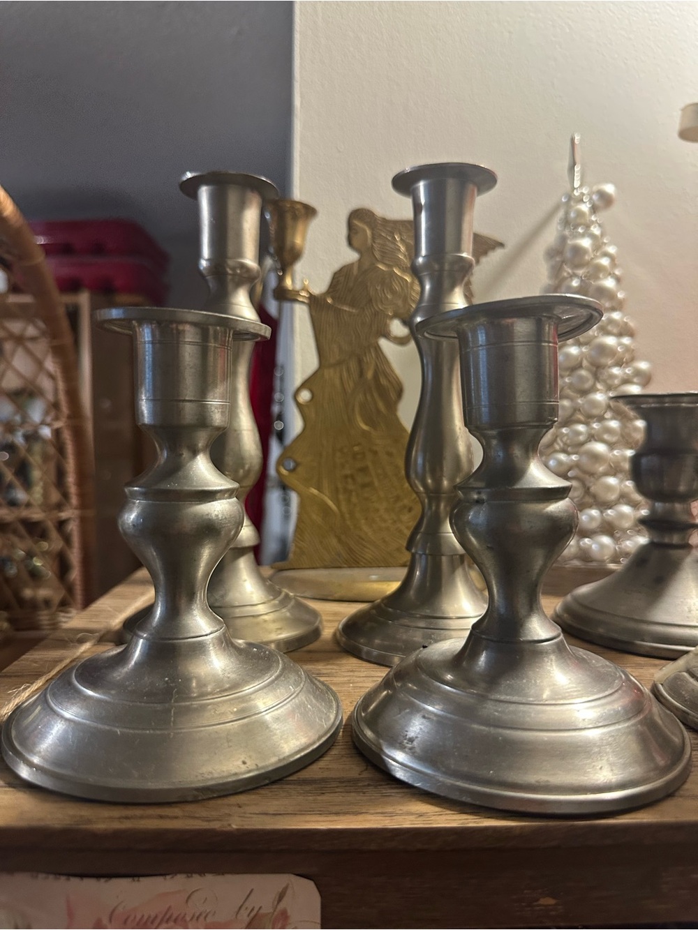 Vintage pewter and silverplate candlestick lot
